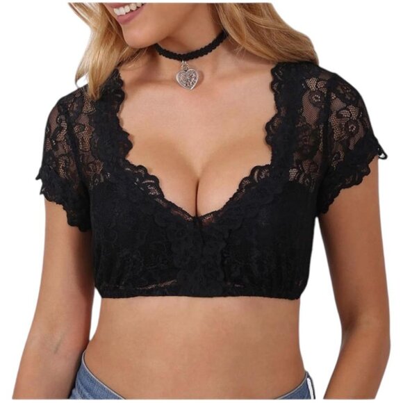 Women's Floral Lace Sheer Short Sleeve Crop Top - Picture 1 of 6